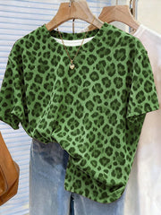 Women's Leopard Print Digital Pattern Crew Neck T-Shirt