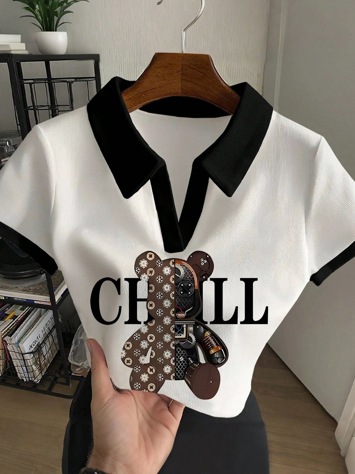 Women's Casual Contrast Color Bear Print Top