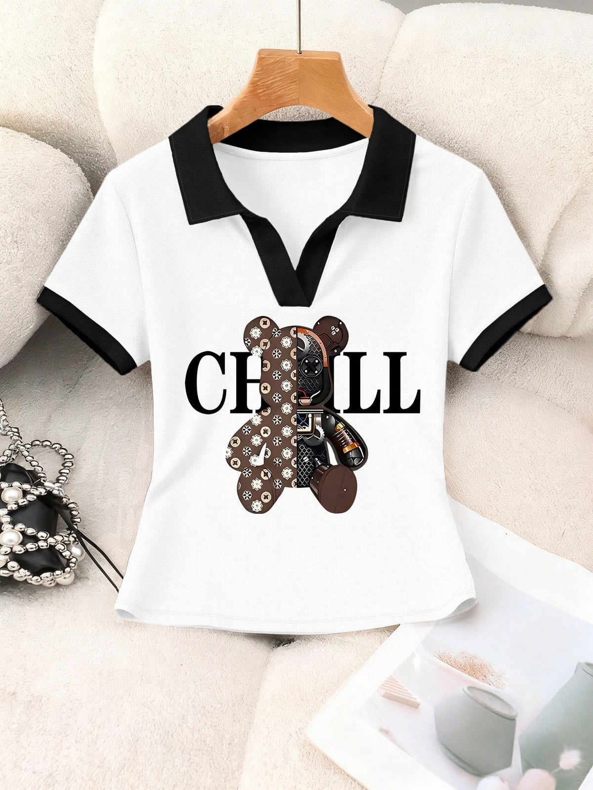 Women's Casual Contrast Color Bear Print Top