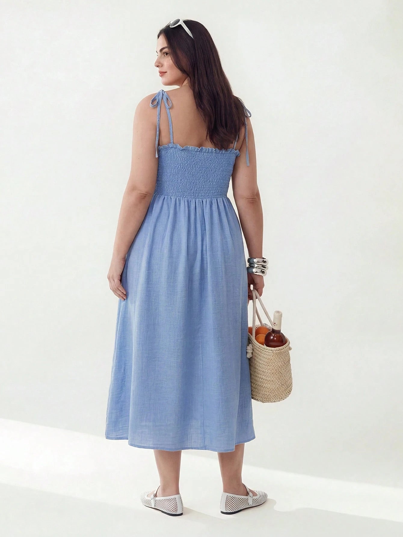 Women's Plus Size Spaghetti Strap Drawstring Summer Dress Dusty Blue