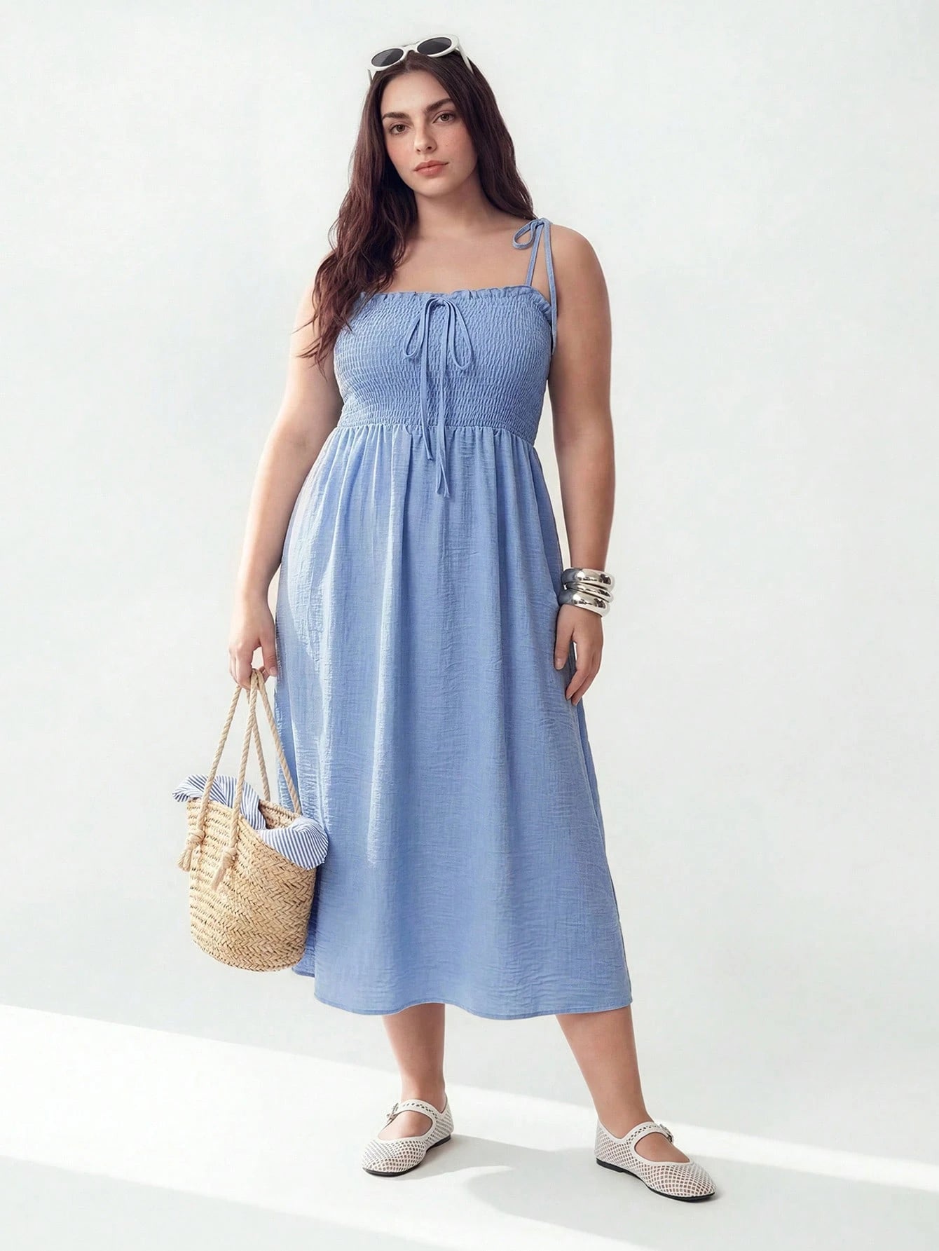 Women's Plus Size Spaghetti Strap Drawstring Summer Dress Dusty Blue