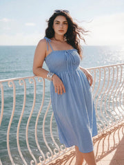 Women's Plus Size Spaghetti Strap Drawstring Summer Dress Dusty Blue