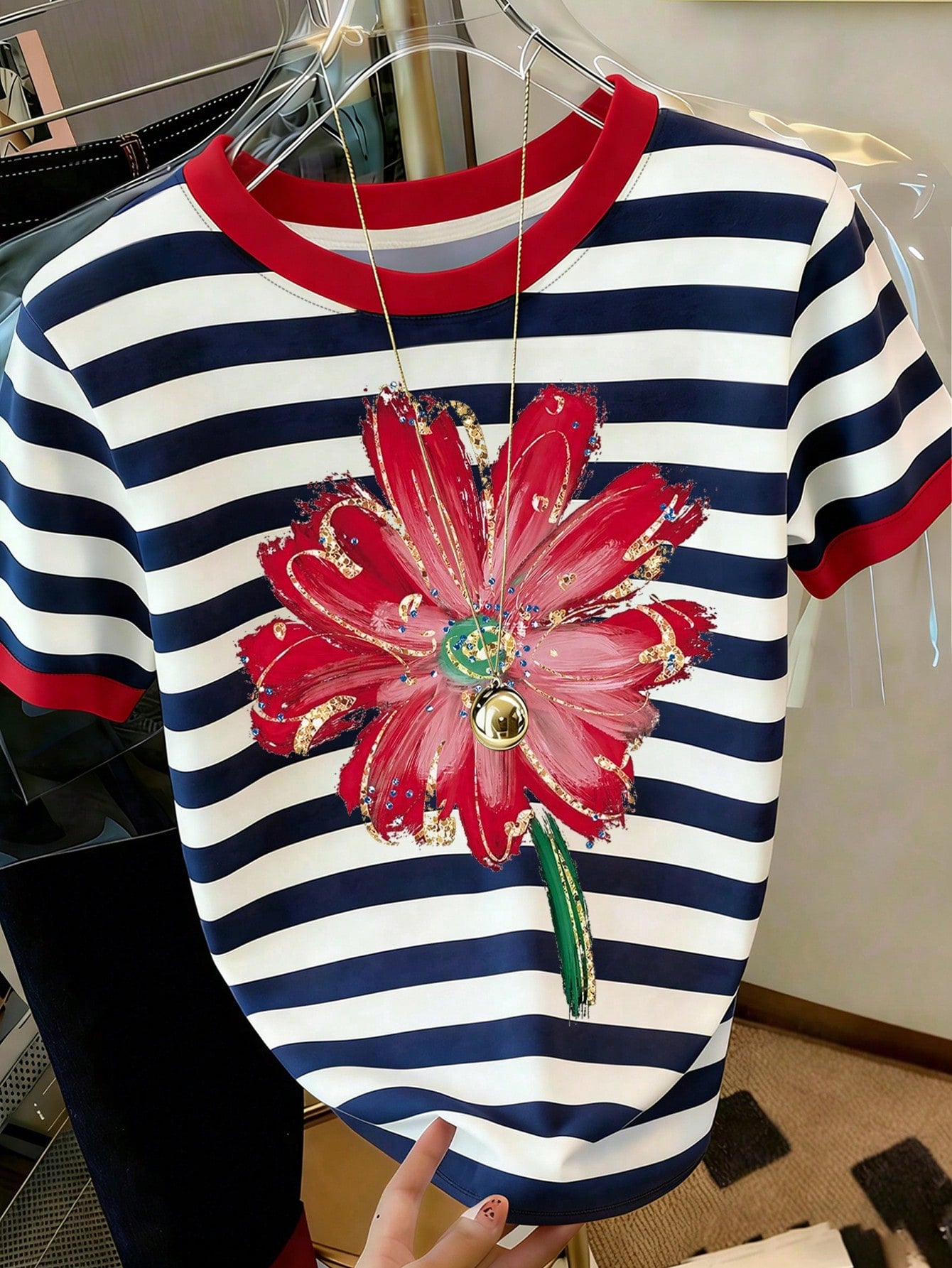 Women's Casual Striped Floral Print Round Neck Short Sleeve T-Shirt