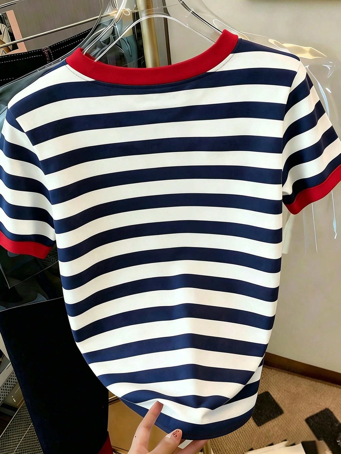 Women's Casual Striped Floral Print Round Neck Short Sleeve T-Shirt