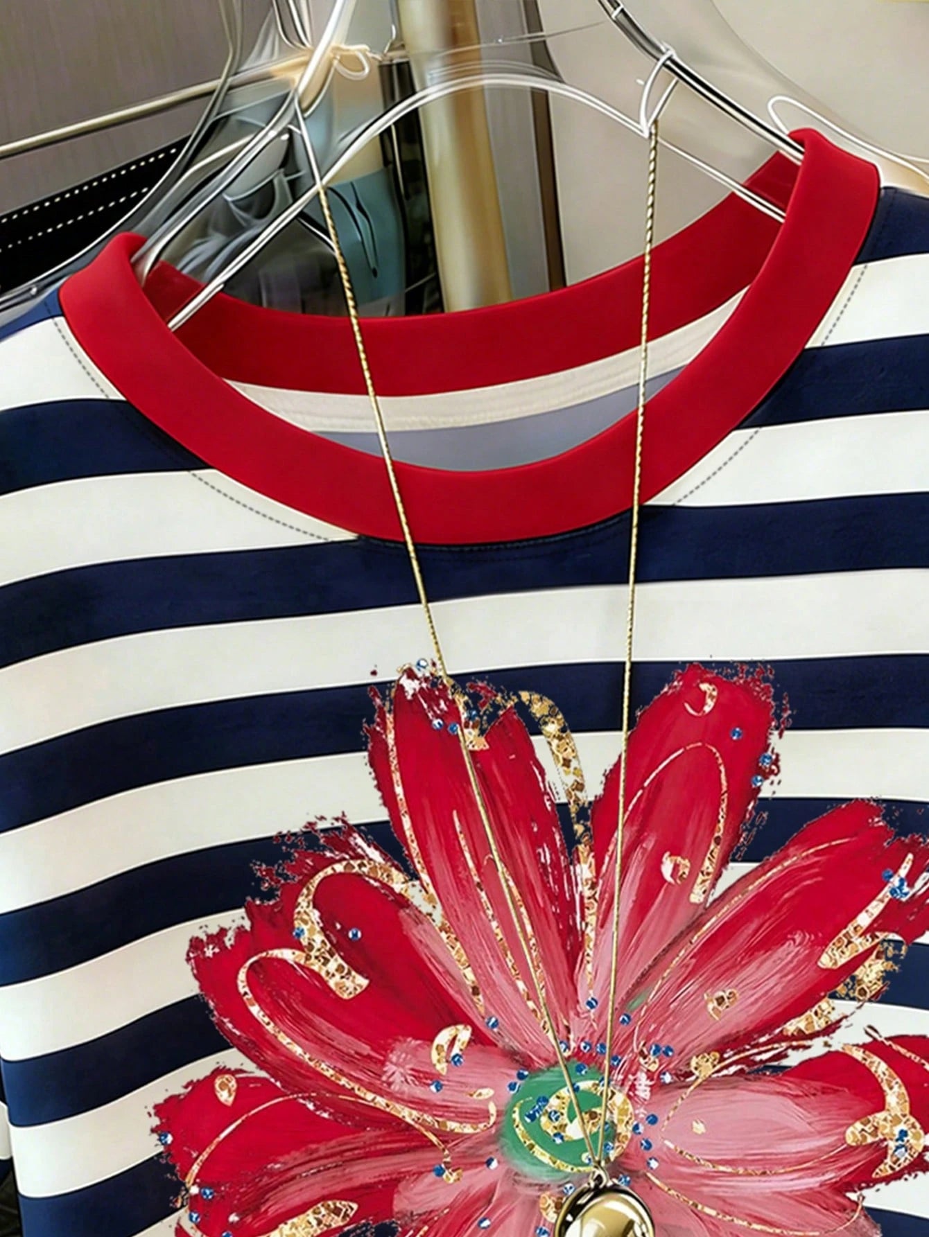 Women's Casual Striped Floral Print Round Neck Short Sleeve T-Shirt