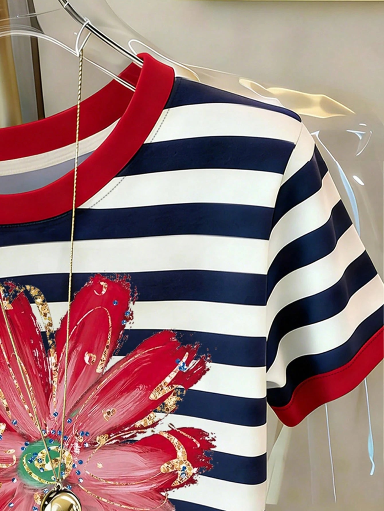 Women's Casual Striped Floral Print Round Neck Short Sleeve T-Shirt