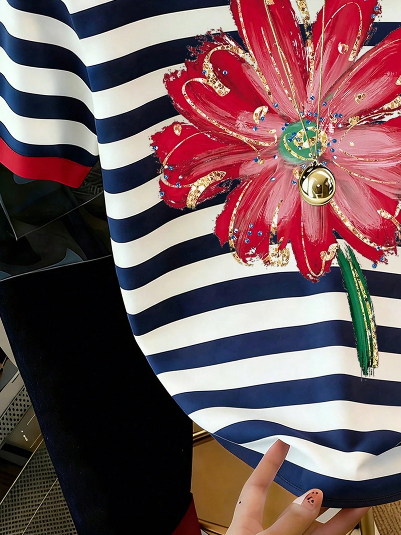 Women's Casual Striped Floral Print Round Neck Short Sleeve T-Shirt