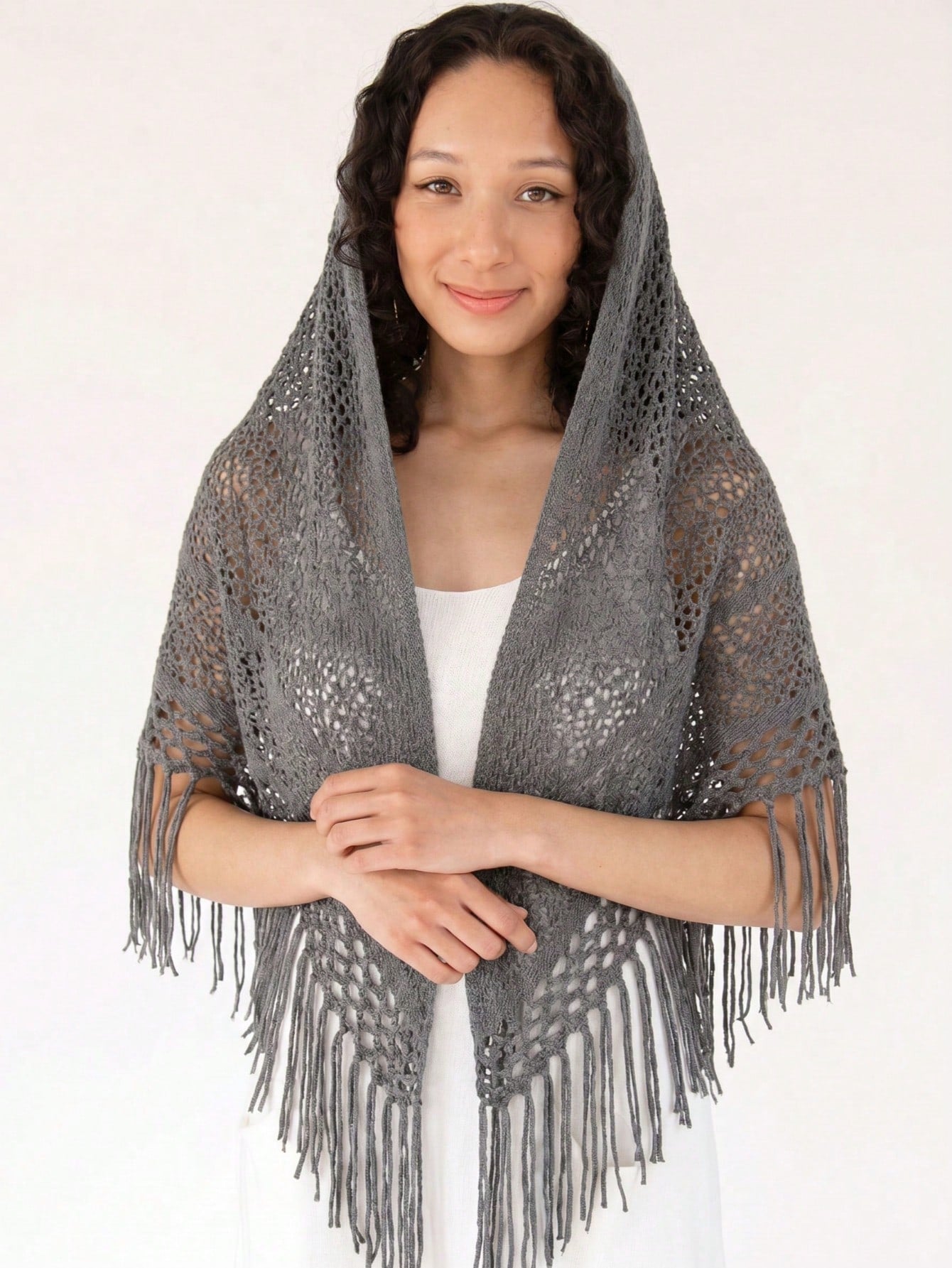 Women's Solid Color Triangle Tassel Knit Shawl Scarf