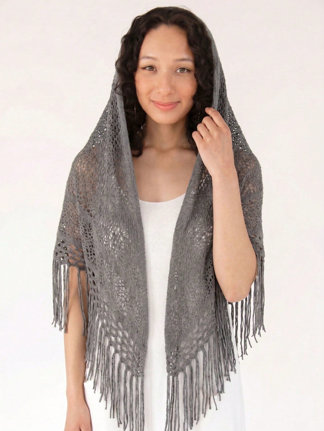 Women's Solid Color Triangle Tassel Knit Shawl Scarf
