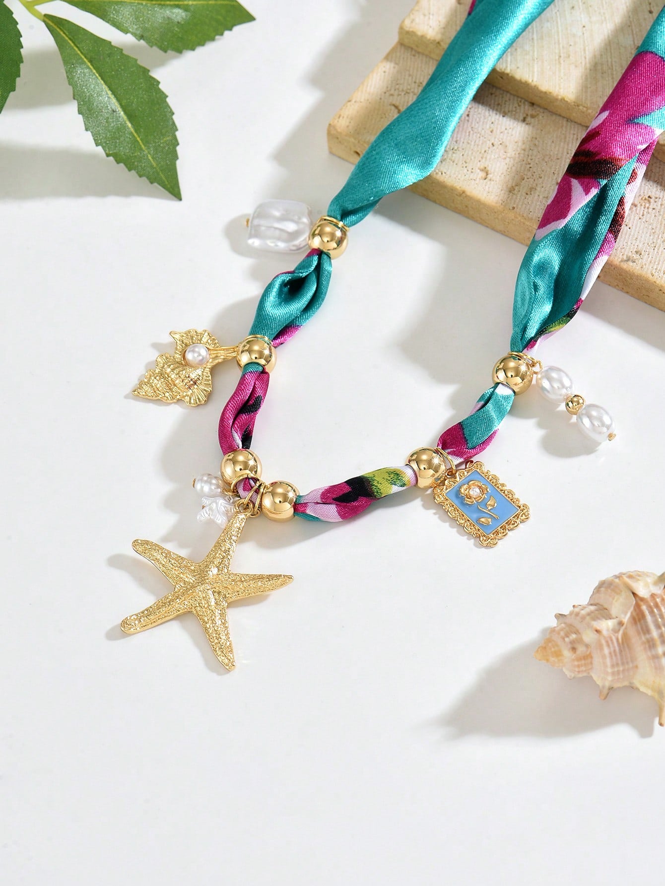 Women's Bohemian Starfish Shell Flower Silk Scarf Bow Choker Necklace