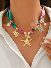 Women's Bohemian Starfish Shell Flower Silk Scarf Bow Choker Necklace