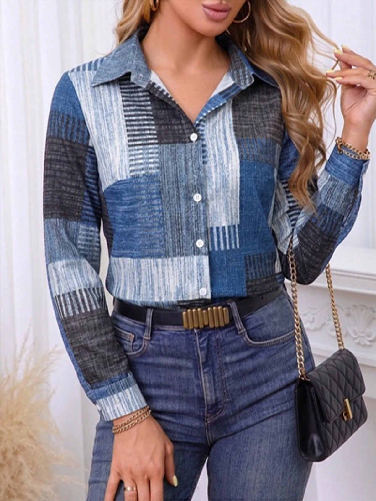 Women's Retro Plaid Colorblock Long Sleeve Button Down Shirt