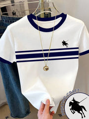 Women's Casual Contrast Trim Striped Short Sleeve T-Shirt