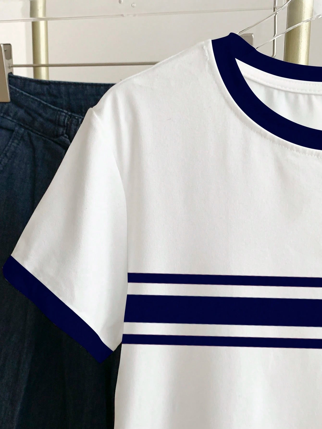 Women's Casual Contrast Trim Striped Short Sleeve T-Shirt