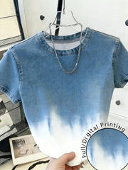 Women's Faded Denim Effect Short Sleeve Round Neck T-Shirt