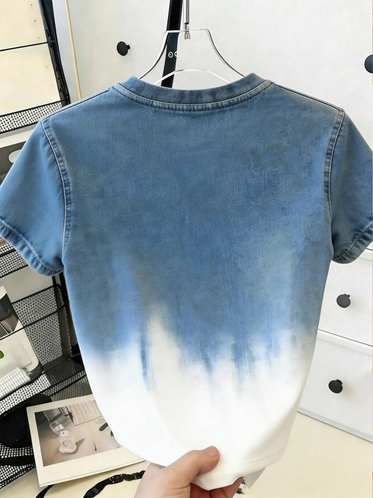 Women's Faded Denim Effect Short Sleeve Round Neck T-Shirt