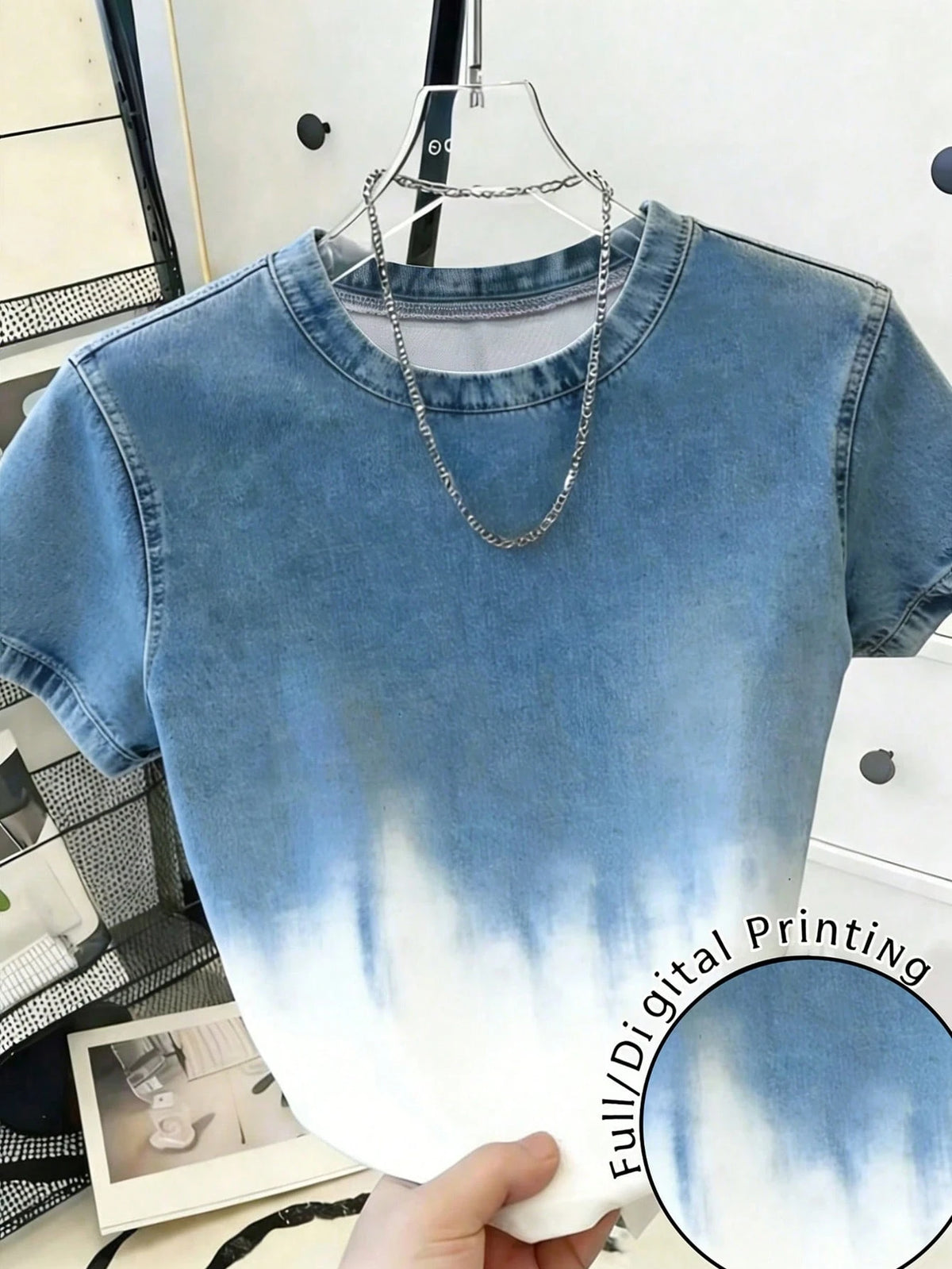 Women's Faded Denim Effect Short Sleeve Round Neck T-Shirt