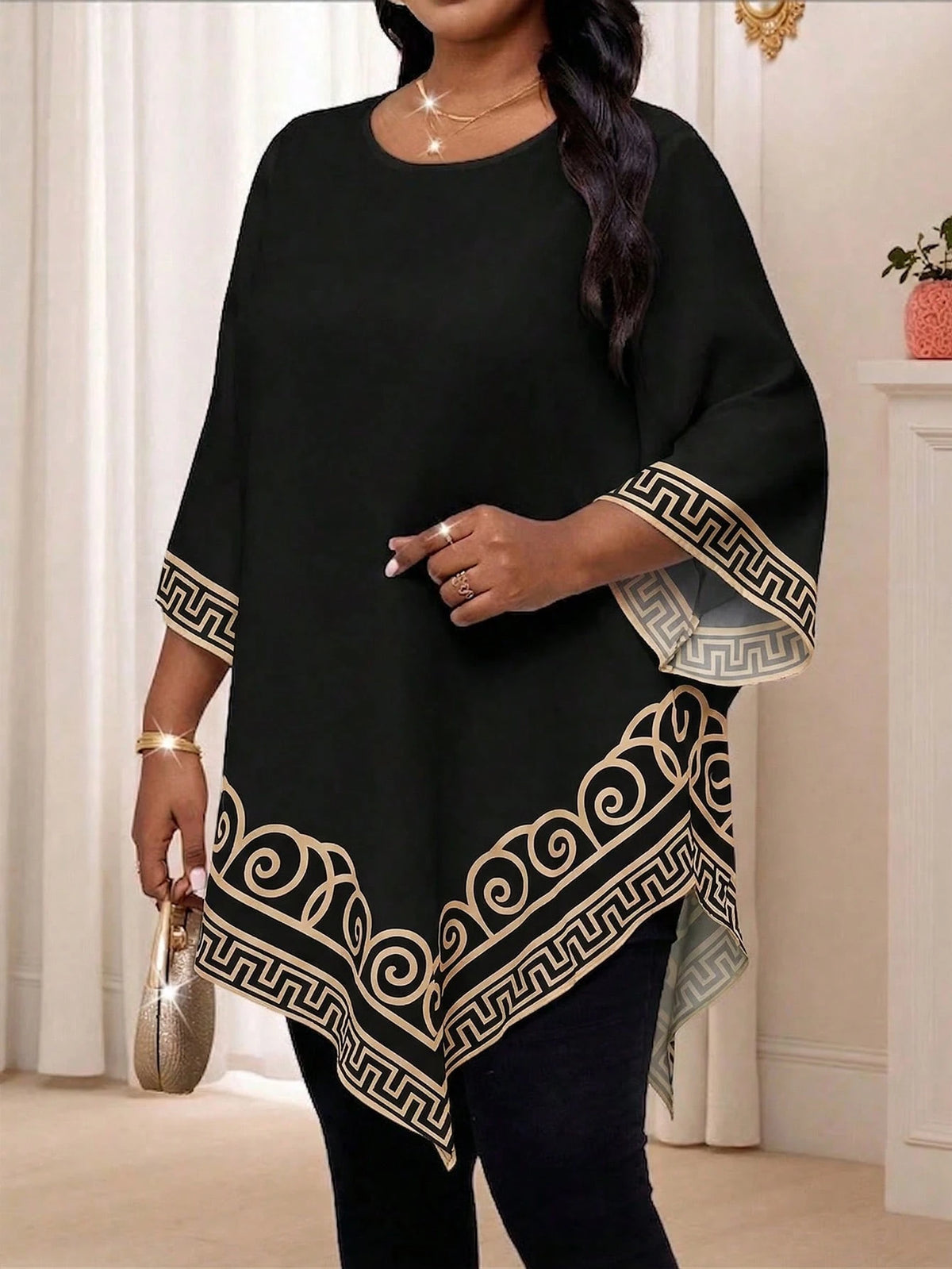 Women's Plus Size Geometric Print Round Neck Casual Blouse