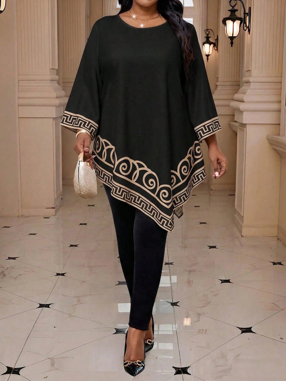 Women's Plus Size Geometric Print Round Neck Casual Blouse