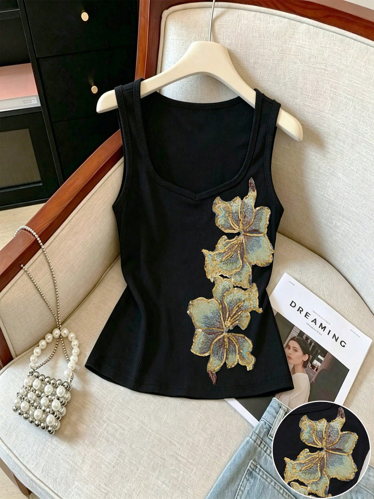 Women's French Retro Floral Sequin Embroidered Tank Top