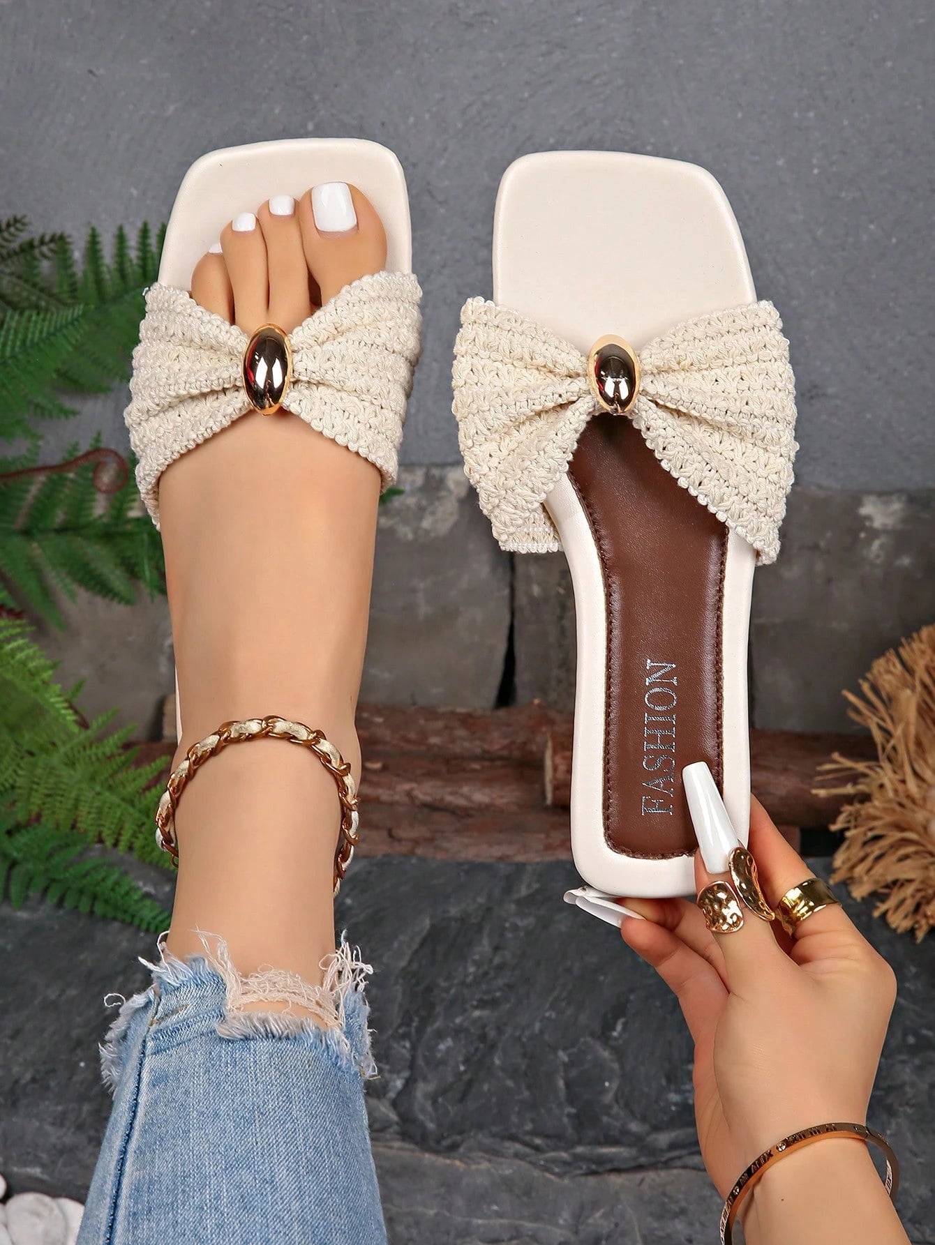 Women's Bow Decor Metal Buckle Square Toe Flat Slide Sandals