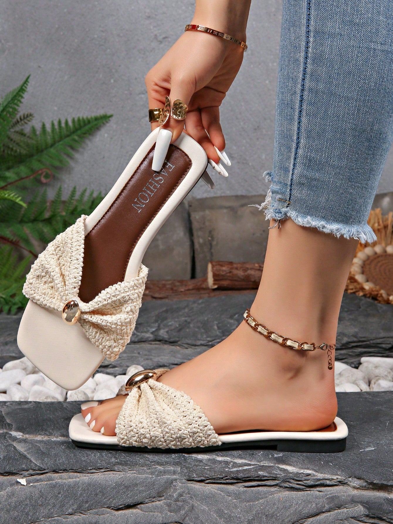 Women's Bow Decor Metal Buckle Square Toe Flat Slide Sandals