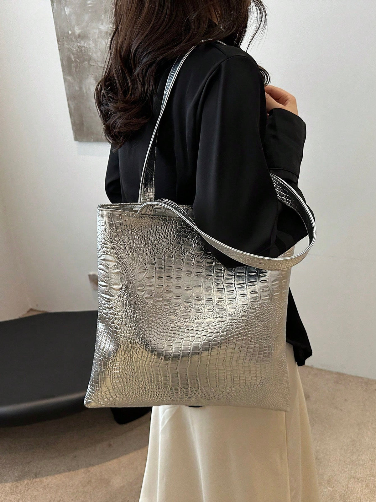 Women's Large Capacity Crocodile Embossed PU Leather Shoulder Tote Bag
