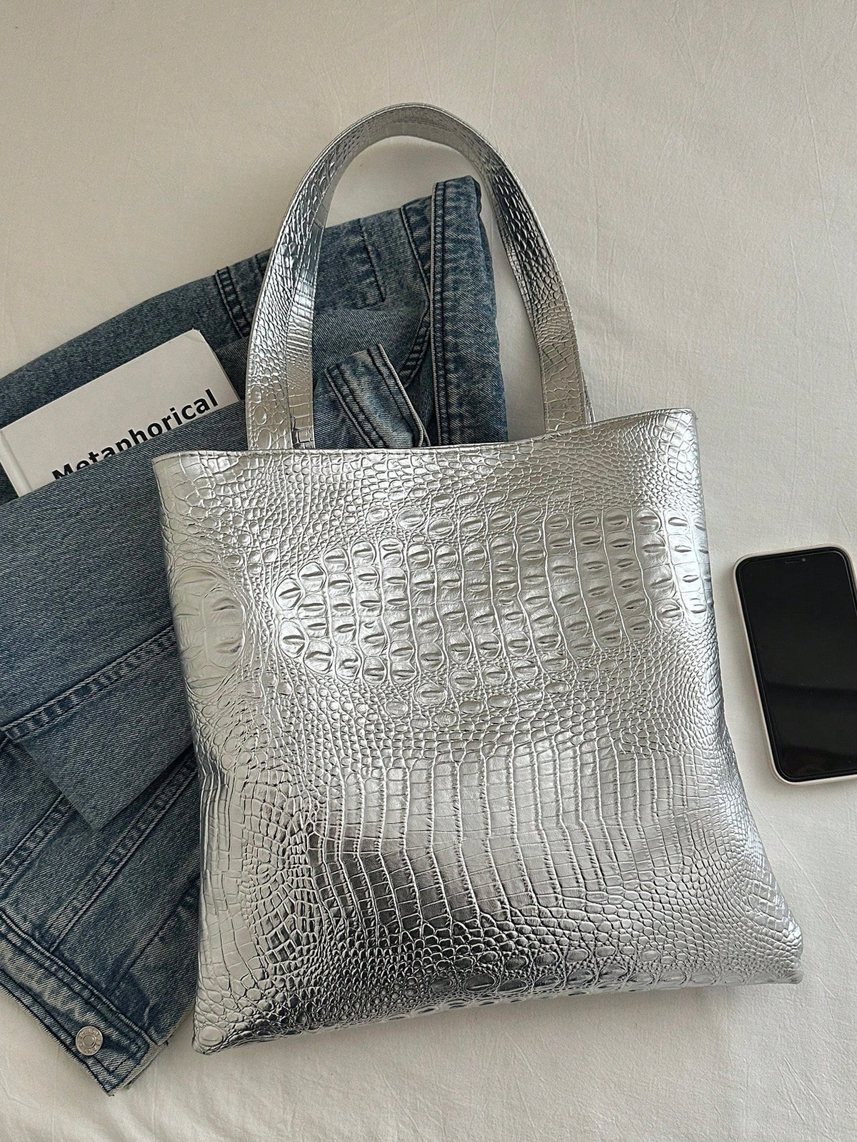 Women's Large Capacity Crocodile Embossed PU Leather Shoulder Tote Bag