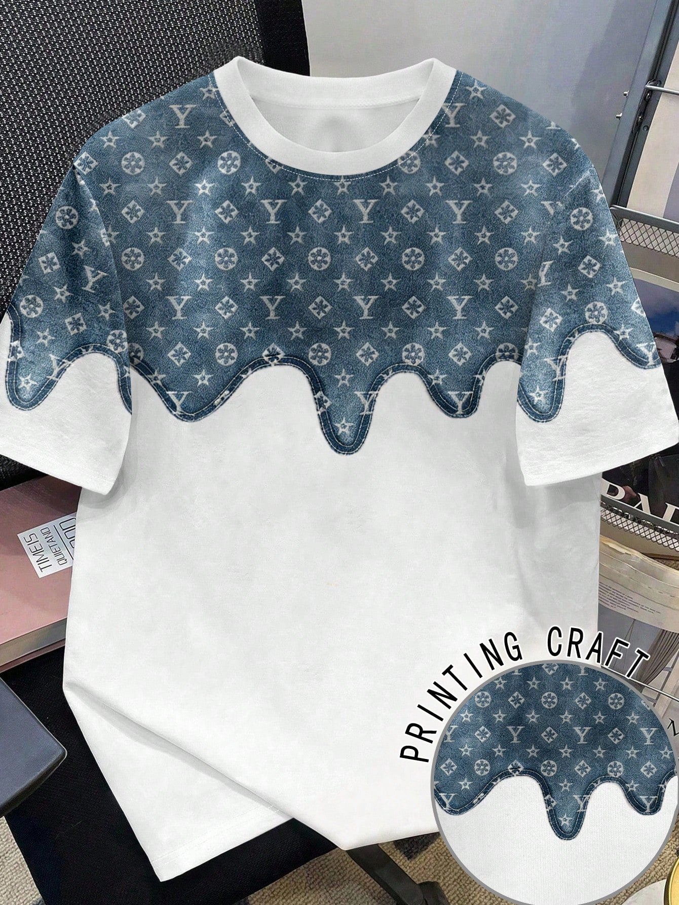 Men's Plus Size Retro Faux Denim Floral Print Round Neck Short Sleeve T-Shirt