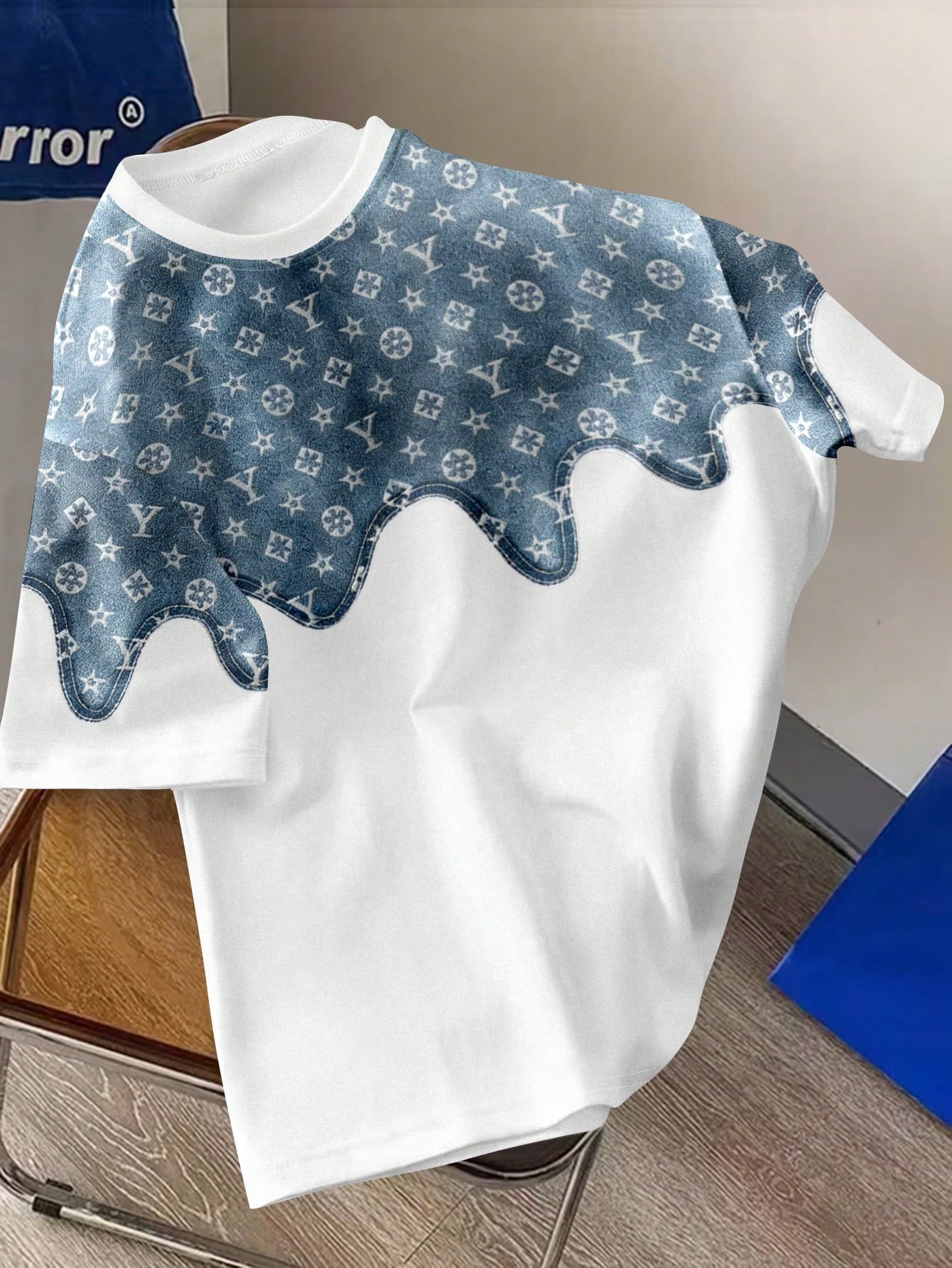 Men's Plus Size Retro Faux Denim Floral Print Round Neck Short Sleeve T-Shirt