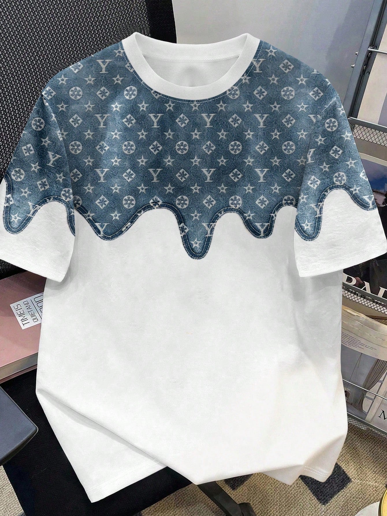 Men's Plus Size Retro Faux Denim Floral Print Round Neck Short Sleeve T-Shirt