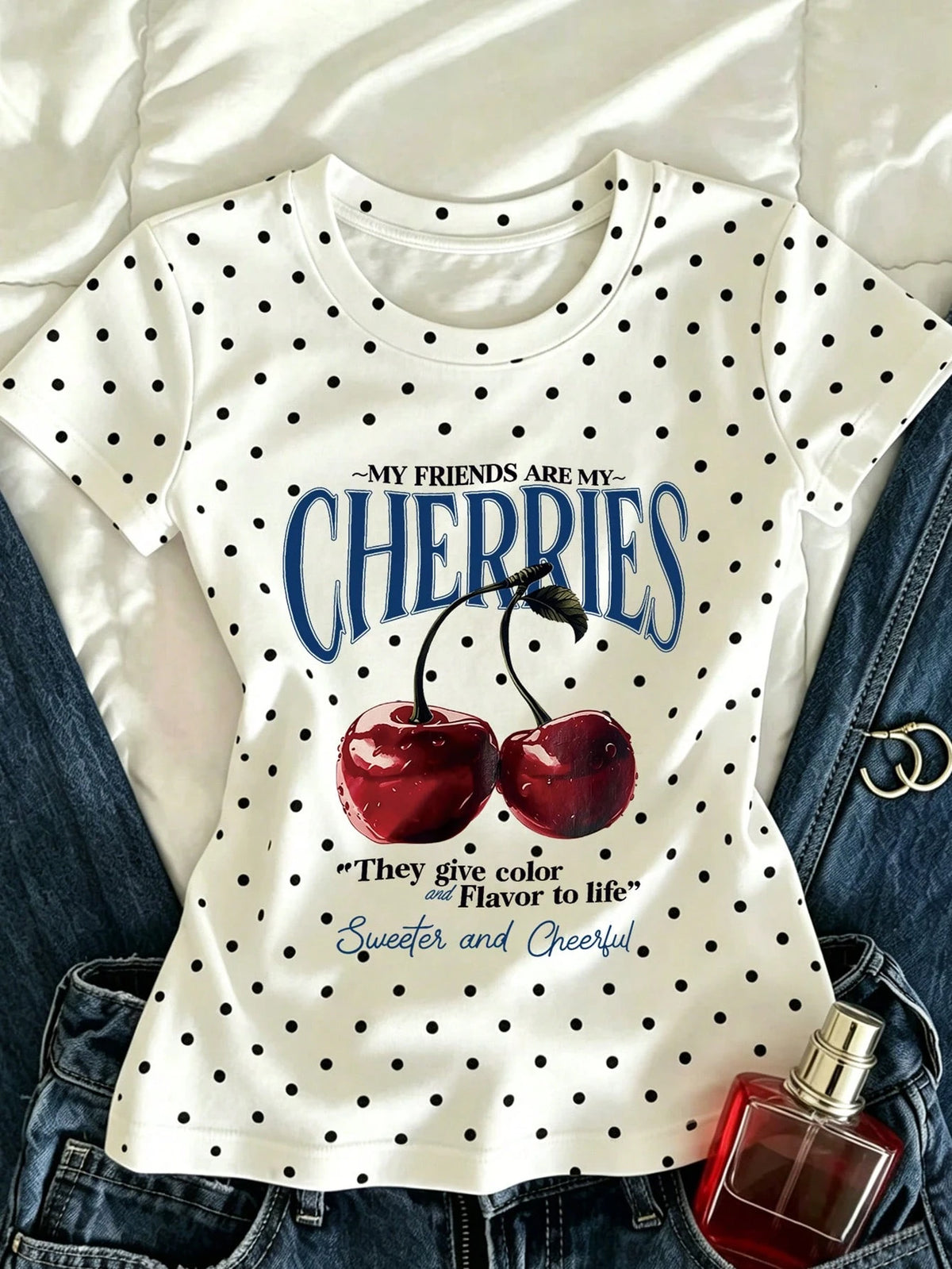 Women's Letter Cherry Polka Dot Print Short Sleeve Casual Cropped T-Shirt
