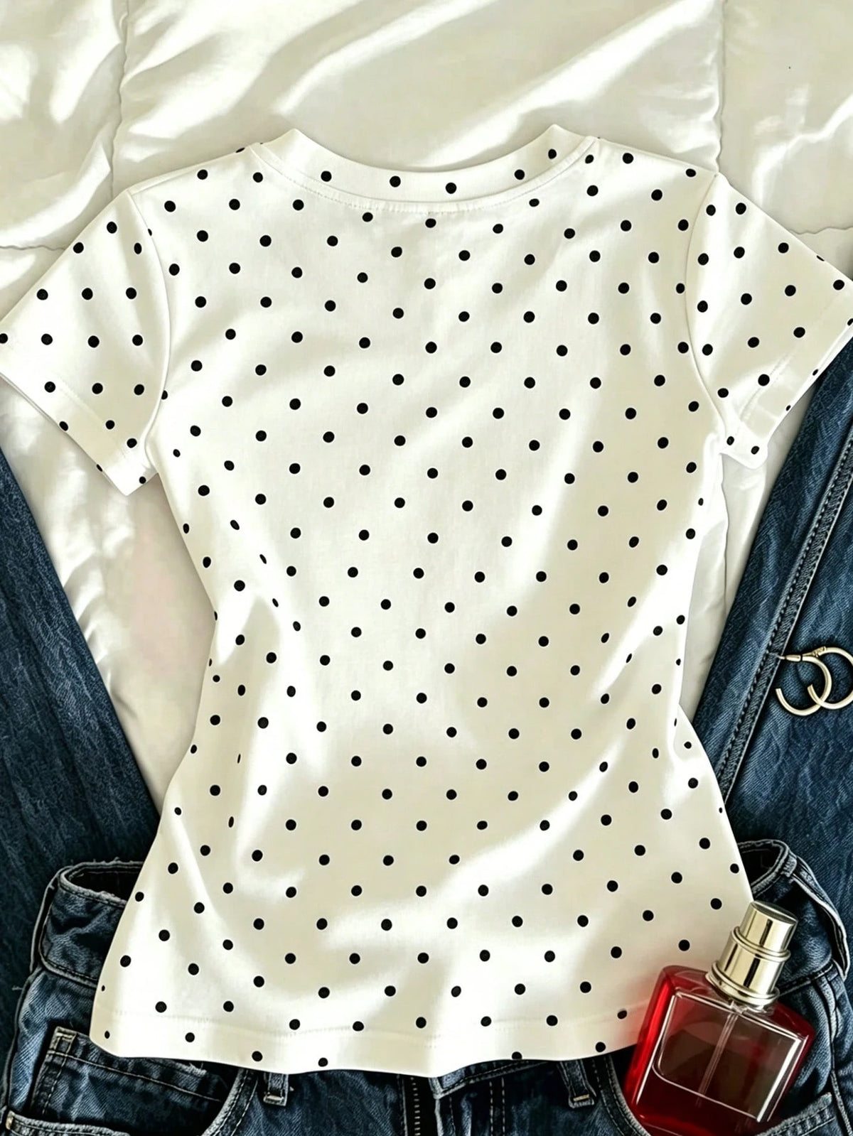 Women's Letter Cherry Polka Dot Print Short Sleeve Casual Cropped T-Shirt