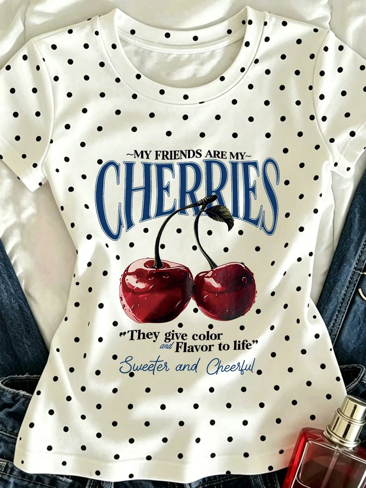 Women's Letter Cherry Polka Dot Print Short Sleeve Casual Cropped T-Shirt