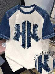 Unisex Retro Contrast Letter Print Drop Shoulder T-Shirt