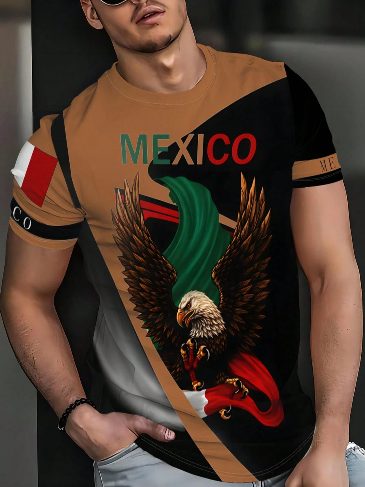 Men's Quick Dry Breathable Mexican Eagle Print Short Sleeve T-Shirt