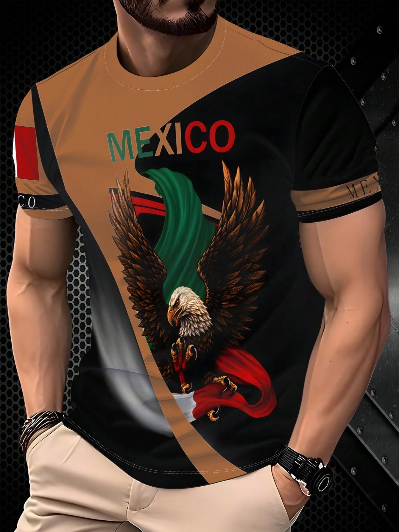 Men's Quick Dry Breathable Mexican Eagle Print Short Sleeve T-Shirt