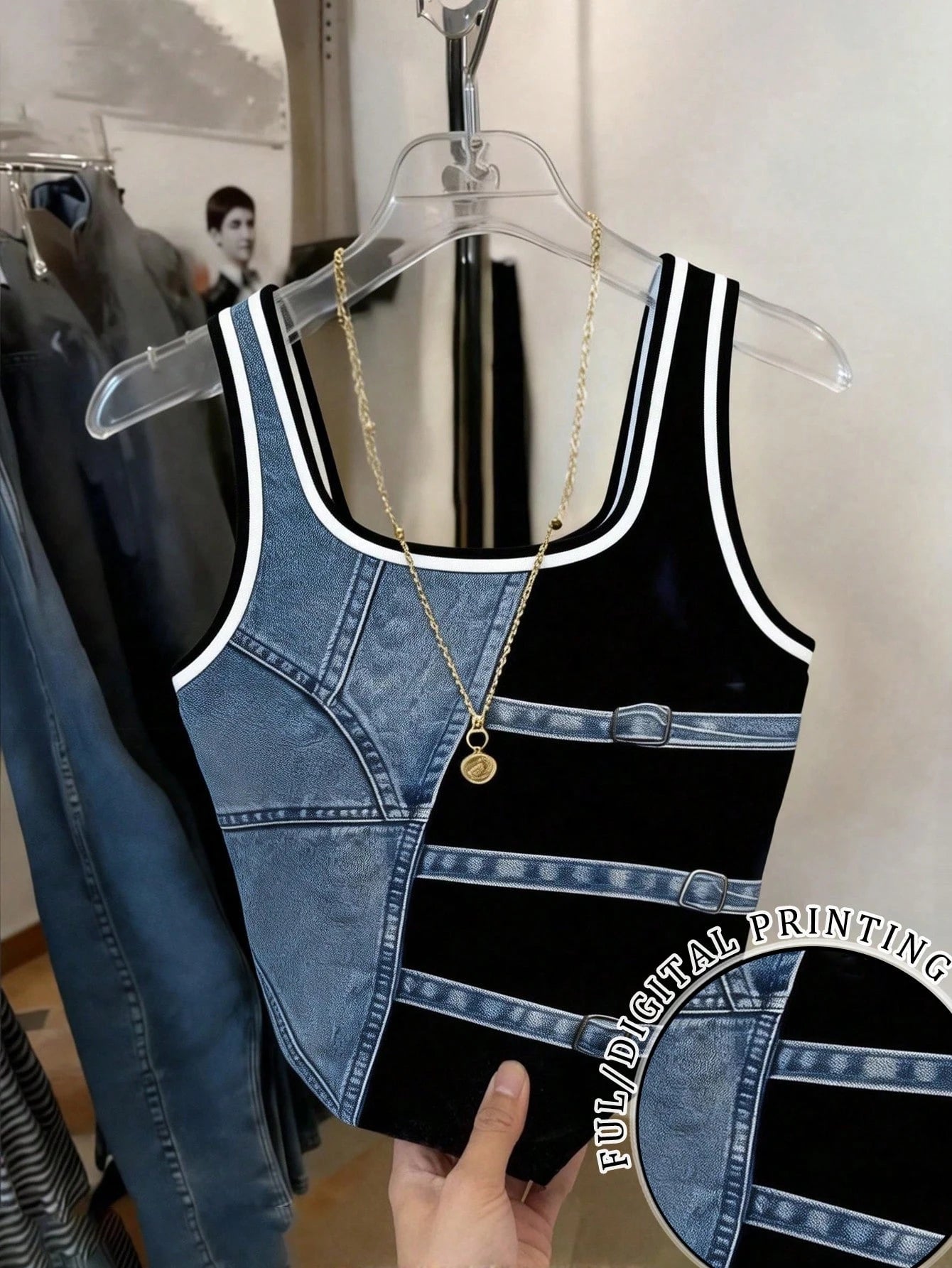 Women's Denim Effect Fitted Scoop Neck Tank Top