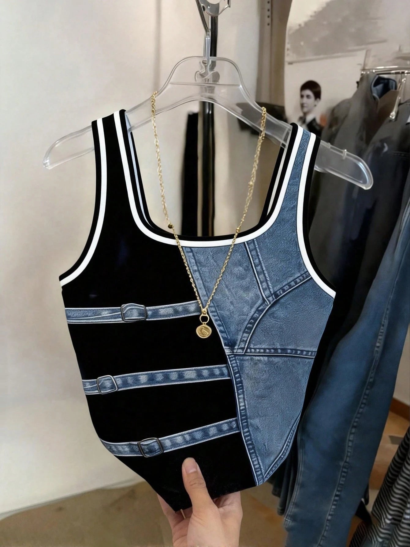 Women's Denim Effect Fitted Scoop Neck Tank Top