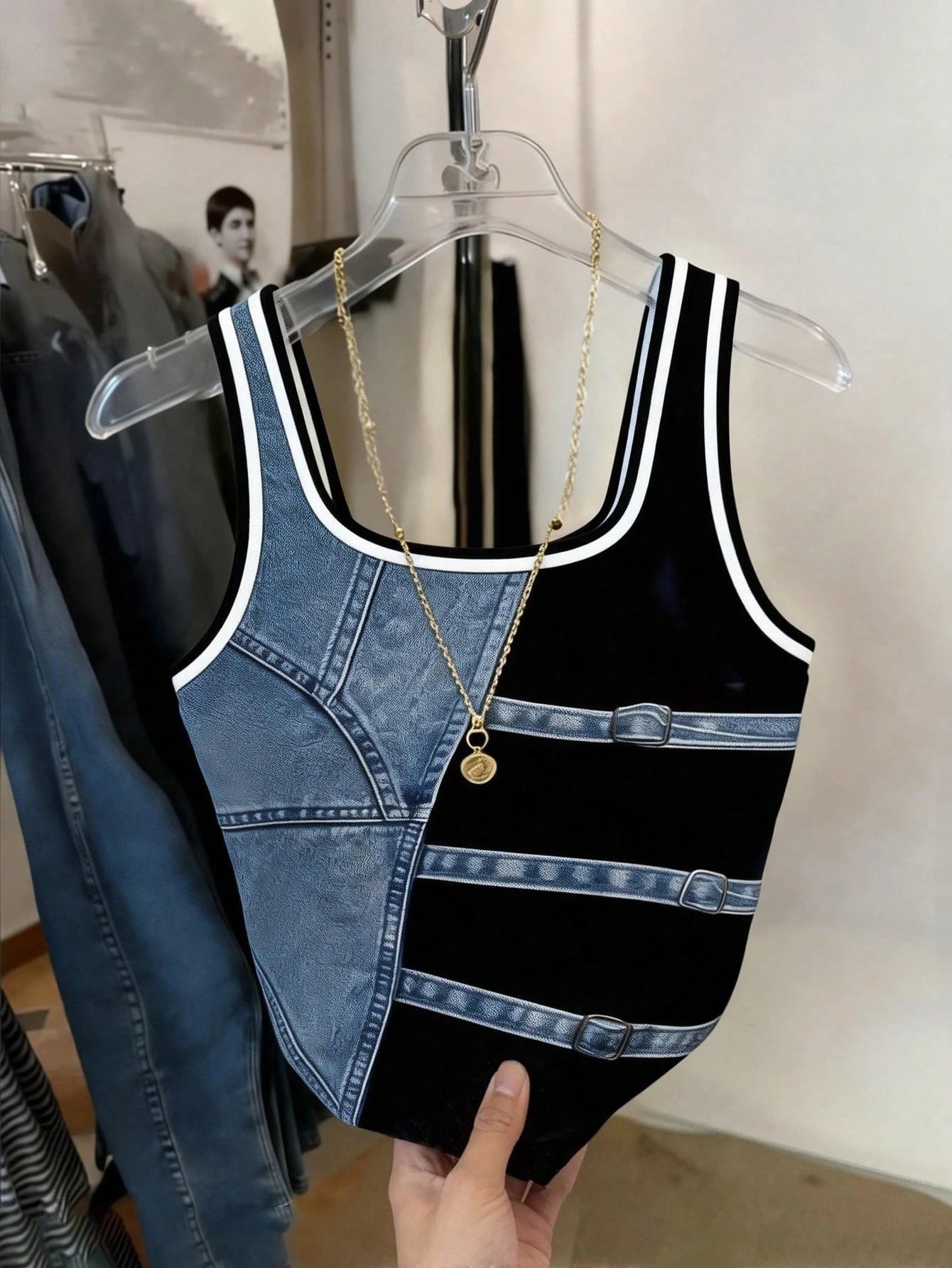 Women's Denim Effect Fitted Scoop Neck Tank Top