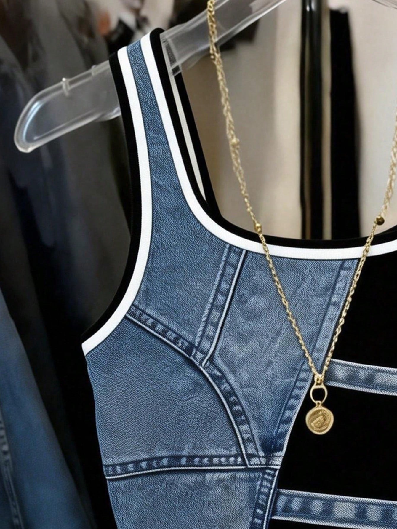 Women's Denim Effect Fitted Scoop Neck Tank Top