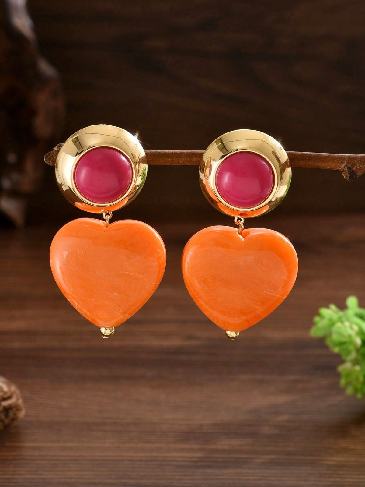 Women's Elegant Orange & Red Plastic Large Heart Earrings