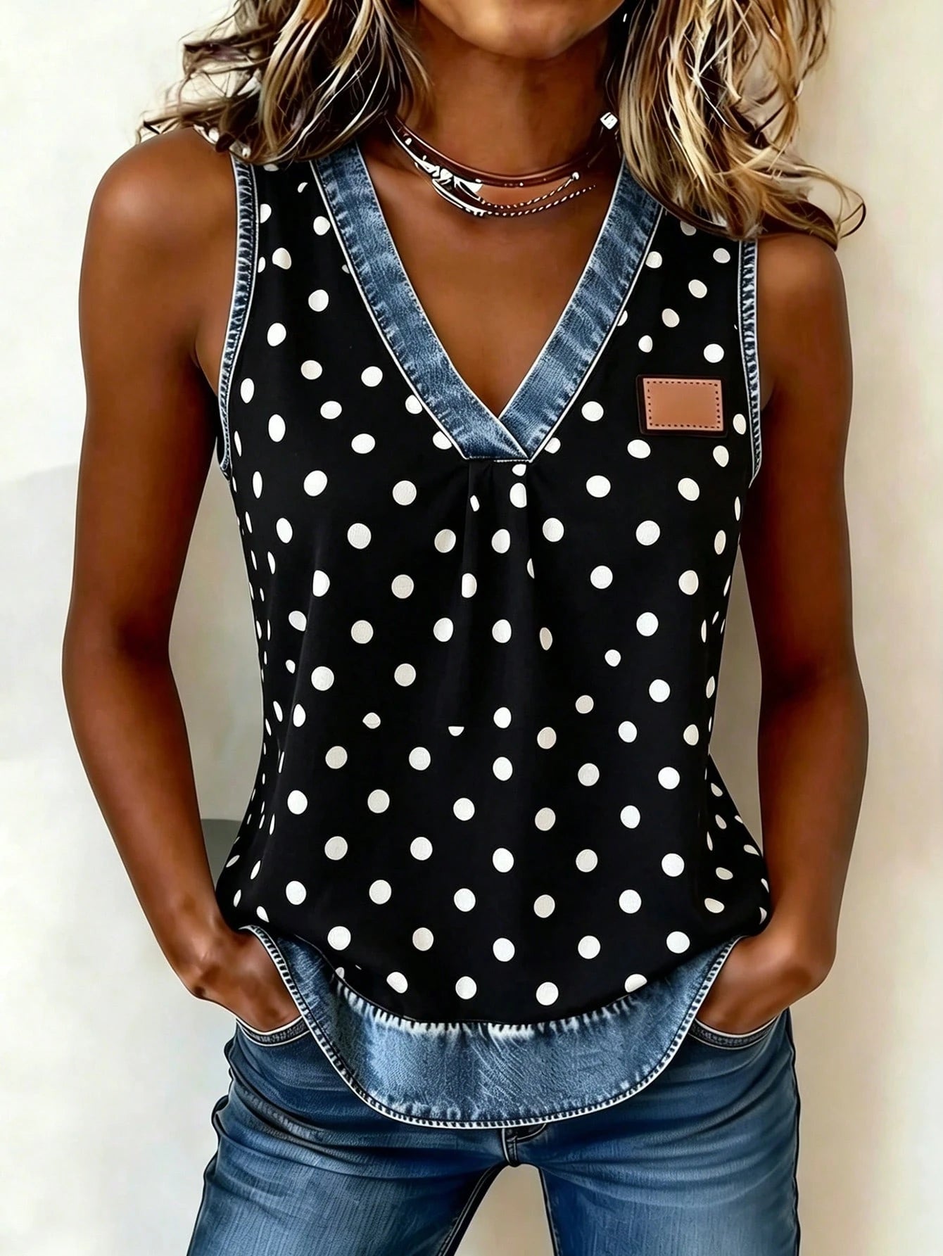 Women's Vintage Polka Dot Patchwork Print V-Neck Camisole