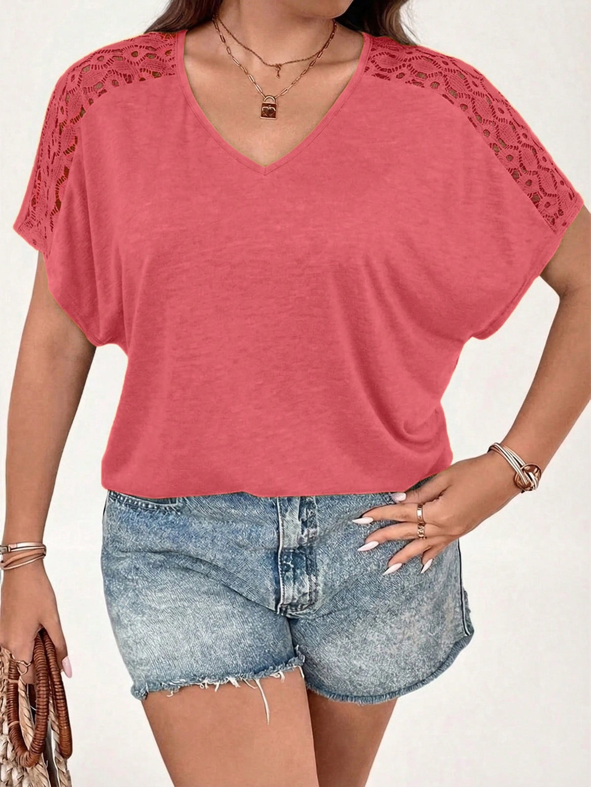Women's Plus Size Solid Lace Patchwork Batwing Sleeve Top