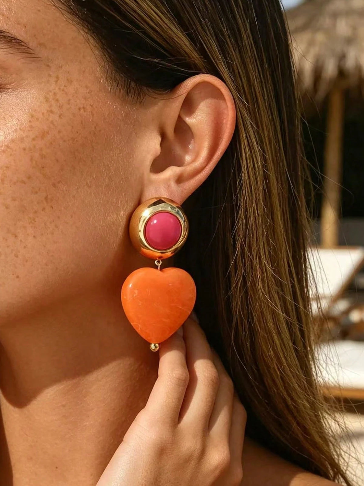 Women's Elegant Orange & Red Plastic Large Heart Earrings