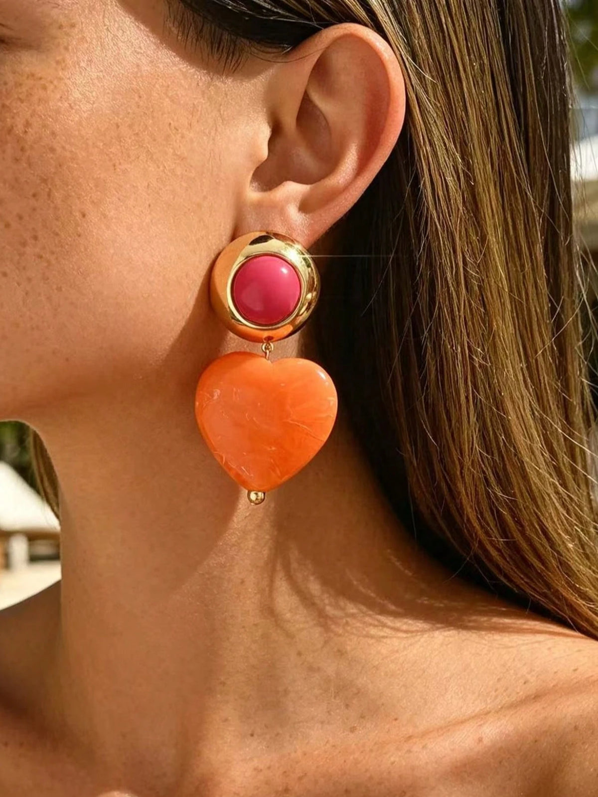 Women's Elegant Orange & Red Plastic Large Heart Earrings