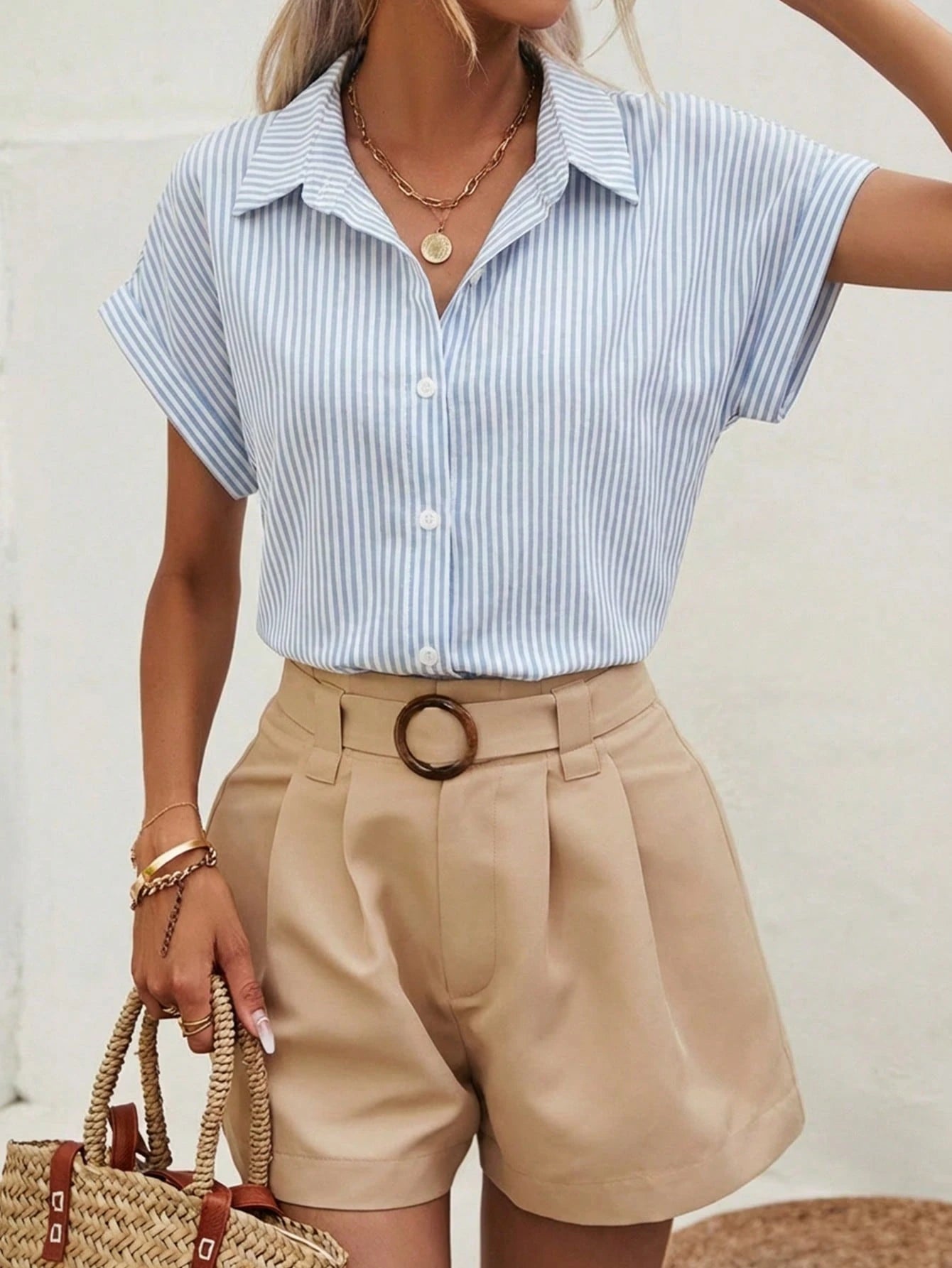 SHEIN Frenchy Casual Pinstriped Women's Shirt Blue and White