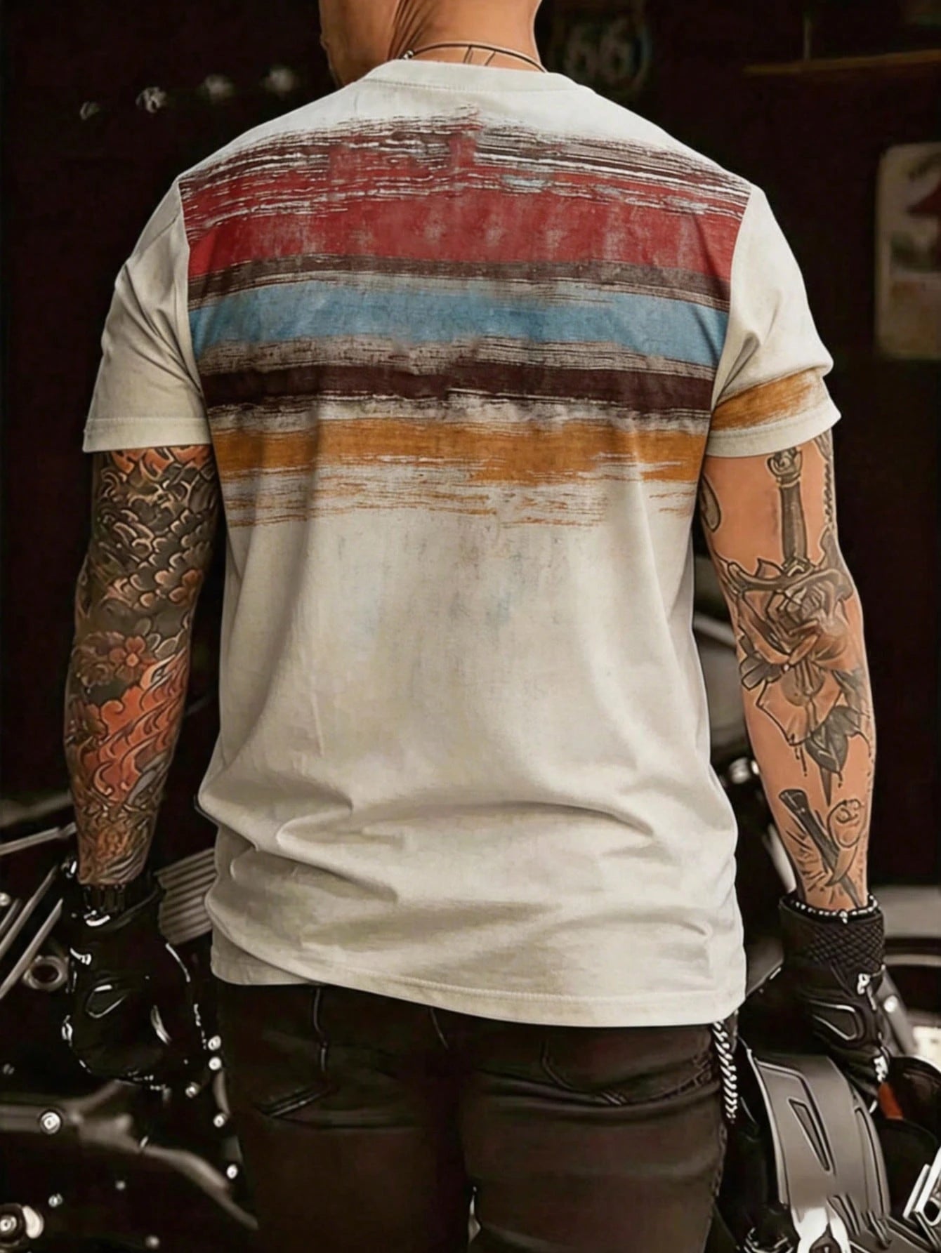 Men's Vintage Print Retro Striped V-Neck Short Sleeve T-Shirt