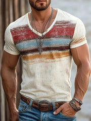 Men's Vintage Print Retro Striped V-Neck Short Sleeve T-Shirt