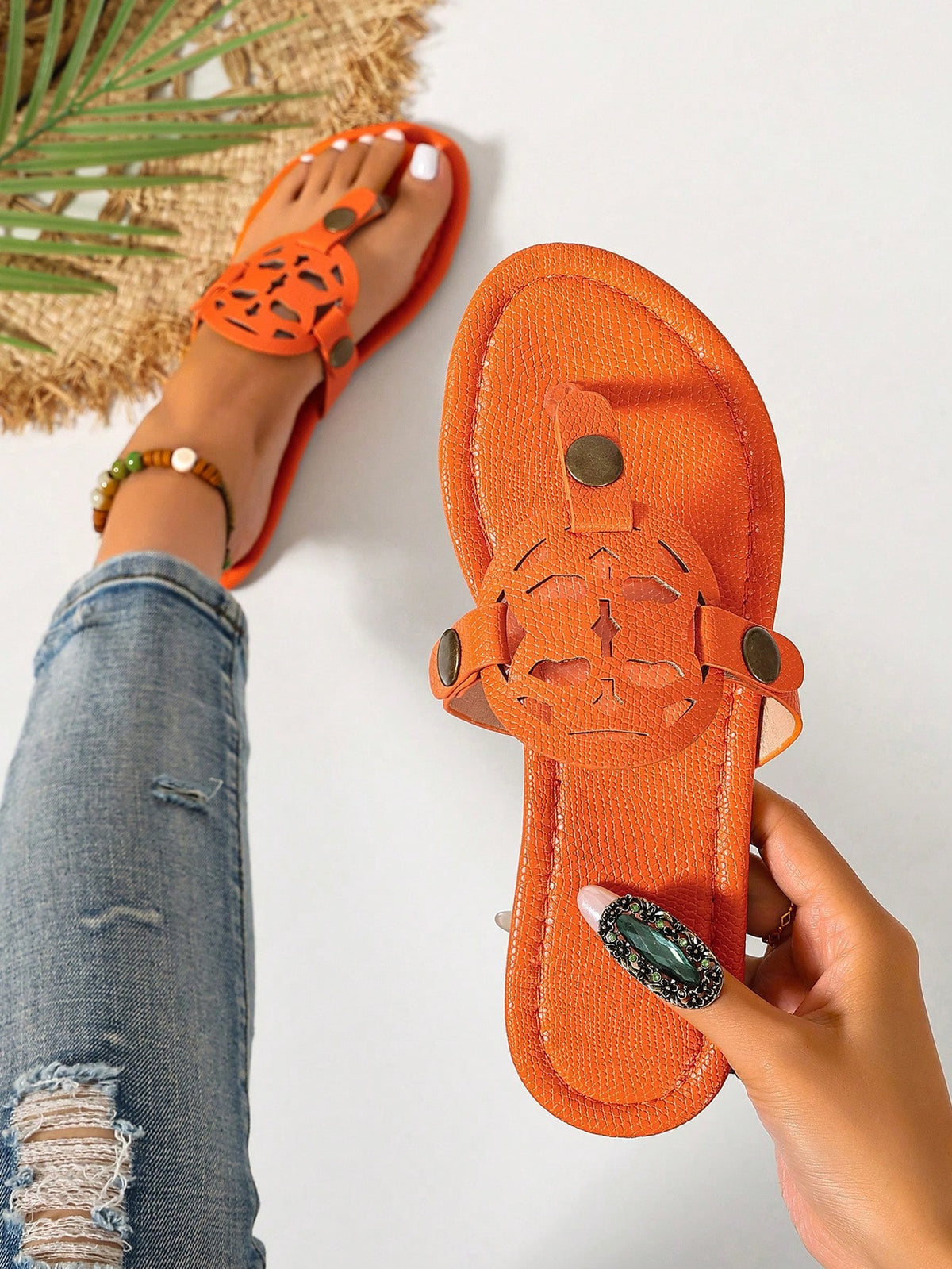 Women's Casual Woven Flat Roman Slide Sandals